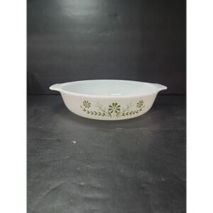 Glasbake Green Daisy Casserole Dish, Oval Milk Glass #238, USA, Vtg Cookware